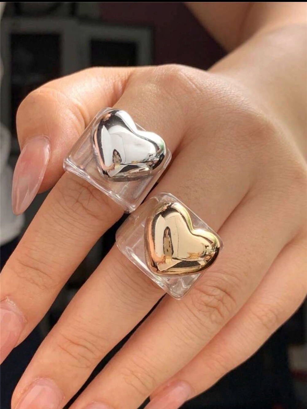Clear Square Ring with Metallic Heart Accent in Silver and Gold - Women Jewelry